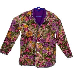 KOOS Of Course Women Jacket Size M Purple Linen Blend Reversible Floral Classy